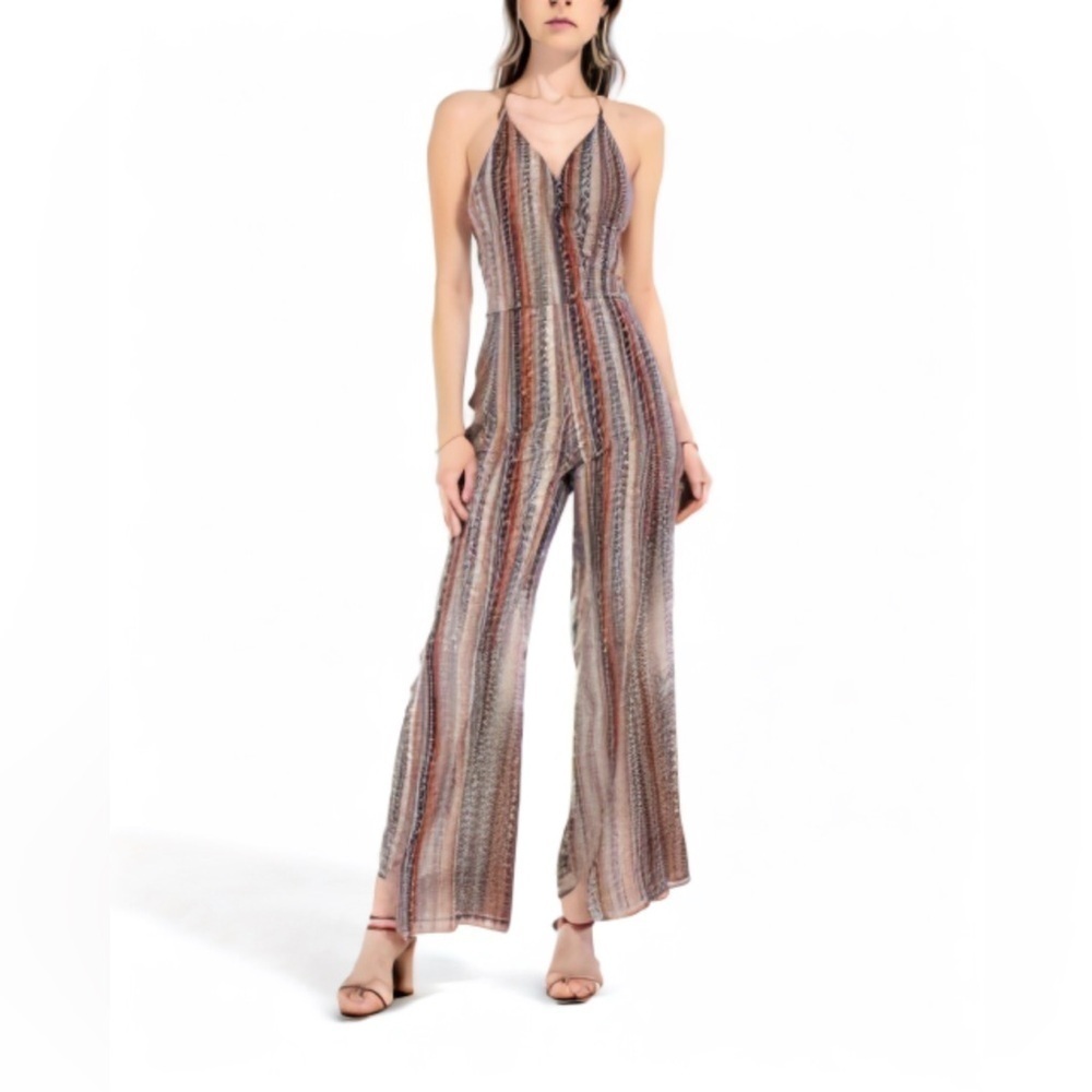 Luxxel Brown, Red and Blue Striped Aztec Wide Leg Jumpsuit Large